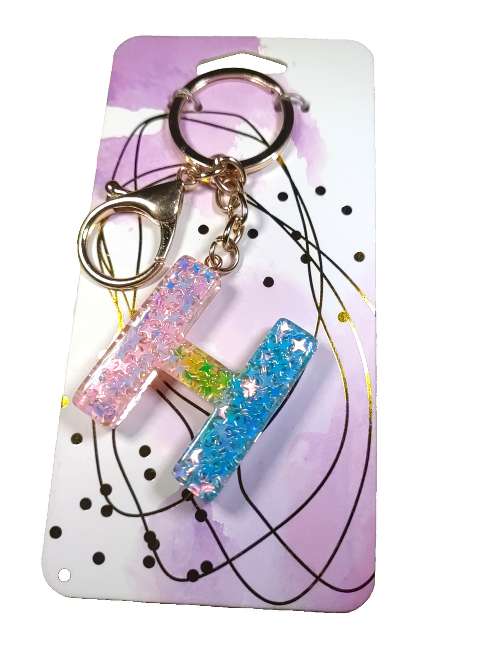 Keychain Pink Blue Acrylic Initial H Gold Tone Sparkle Glitter Fairy Gift